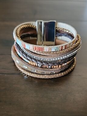 Unique 7 Strand Magnetic Clasp  Brown And Turquoise Bracelet
